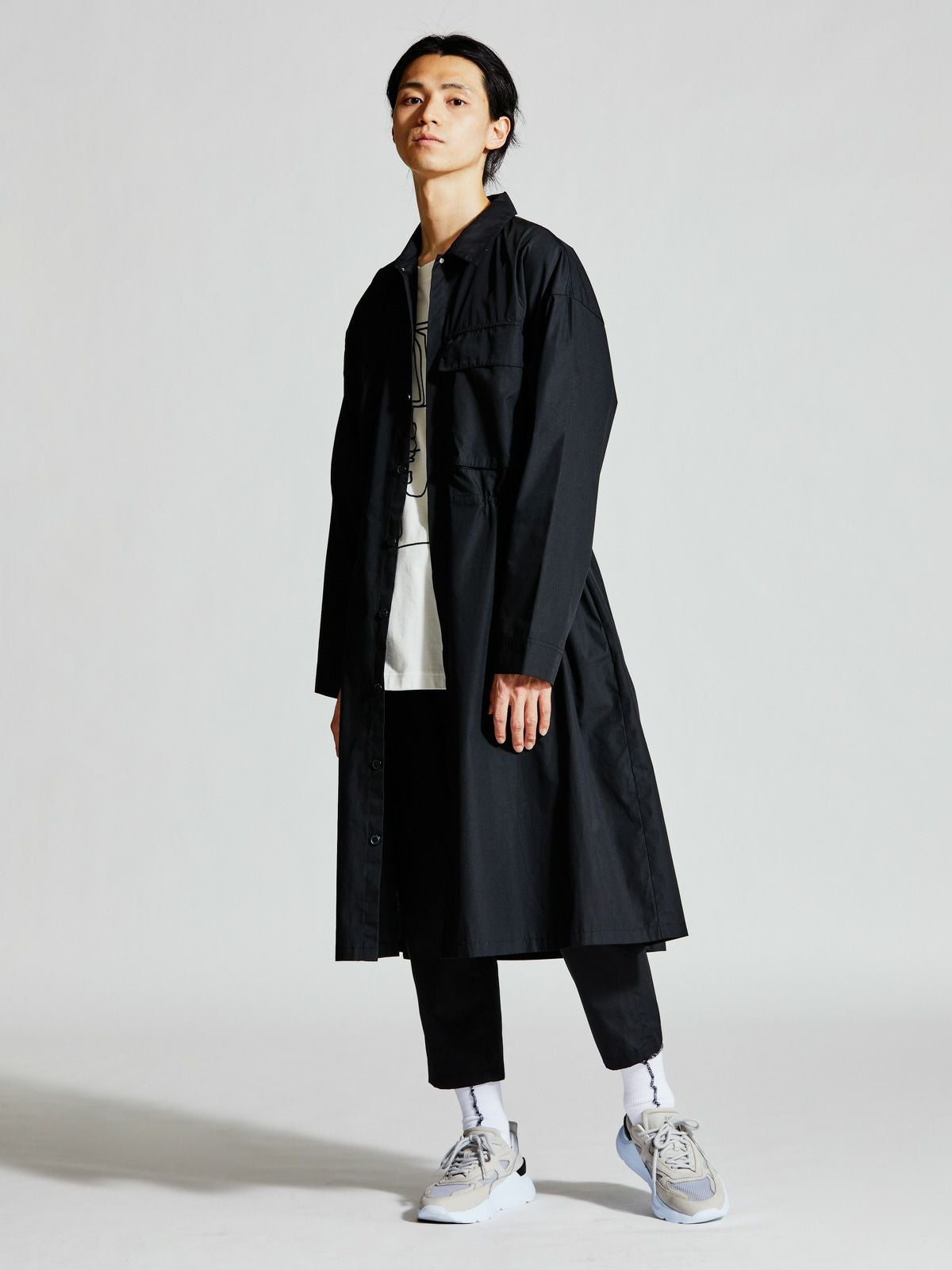 MIDIUMISOLID コート 黒 ラップ オーバーサイズ メンズライク MIDIUMISOLID Men's C / Pe ロングシャツコート【3-1125】｜ MARcourt