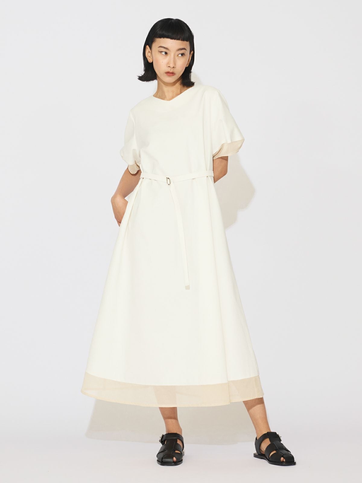 MIDIUMISOLID for Ladies ベルト付きシアーコンビワンピース【3-1127