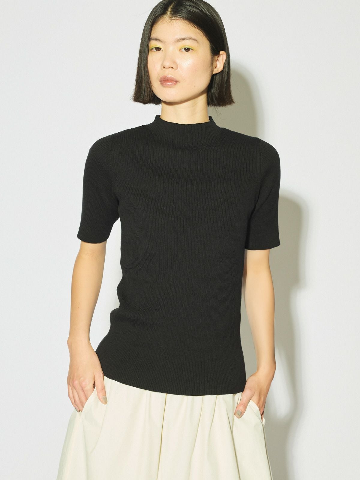 MIDIUMISOLID for Ladies ボトルネックハーフスリーブリブトップ[A