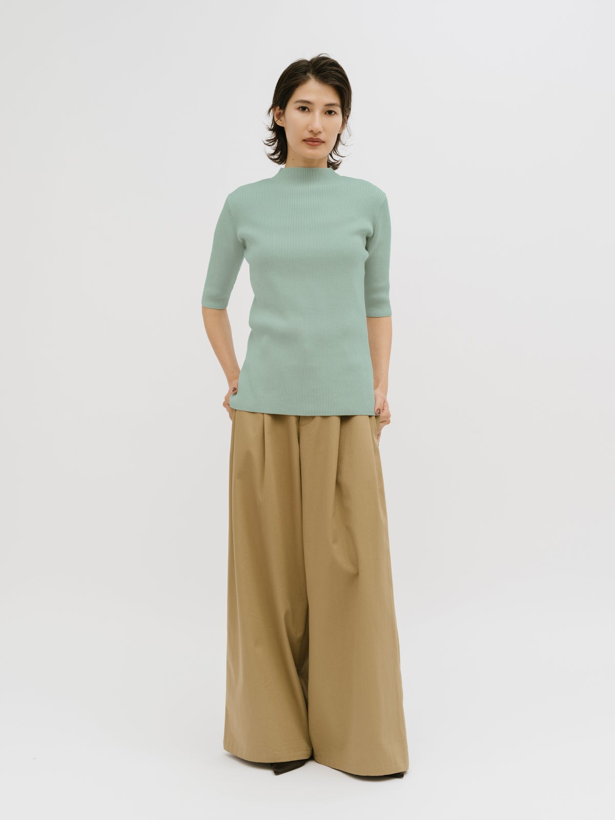 MIDIUMISOLID for Ladies ボトルネックハーフスリーブリブトップ[A