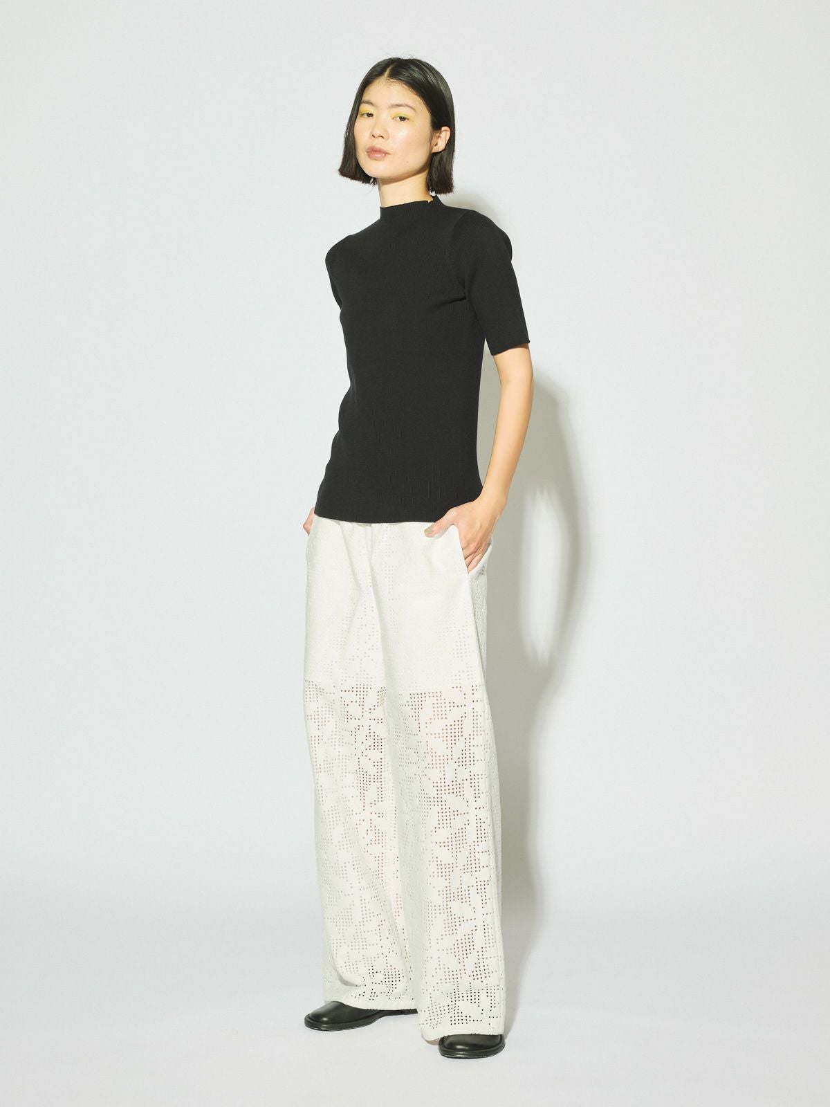 MIDIUMISOLID for Ladies ボトルネックハーフスリーブリブトップ[A
