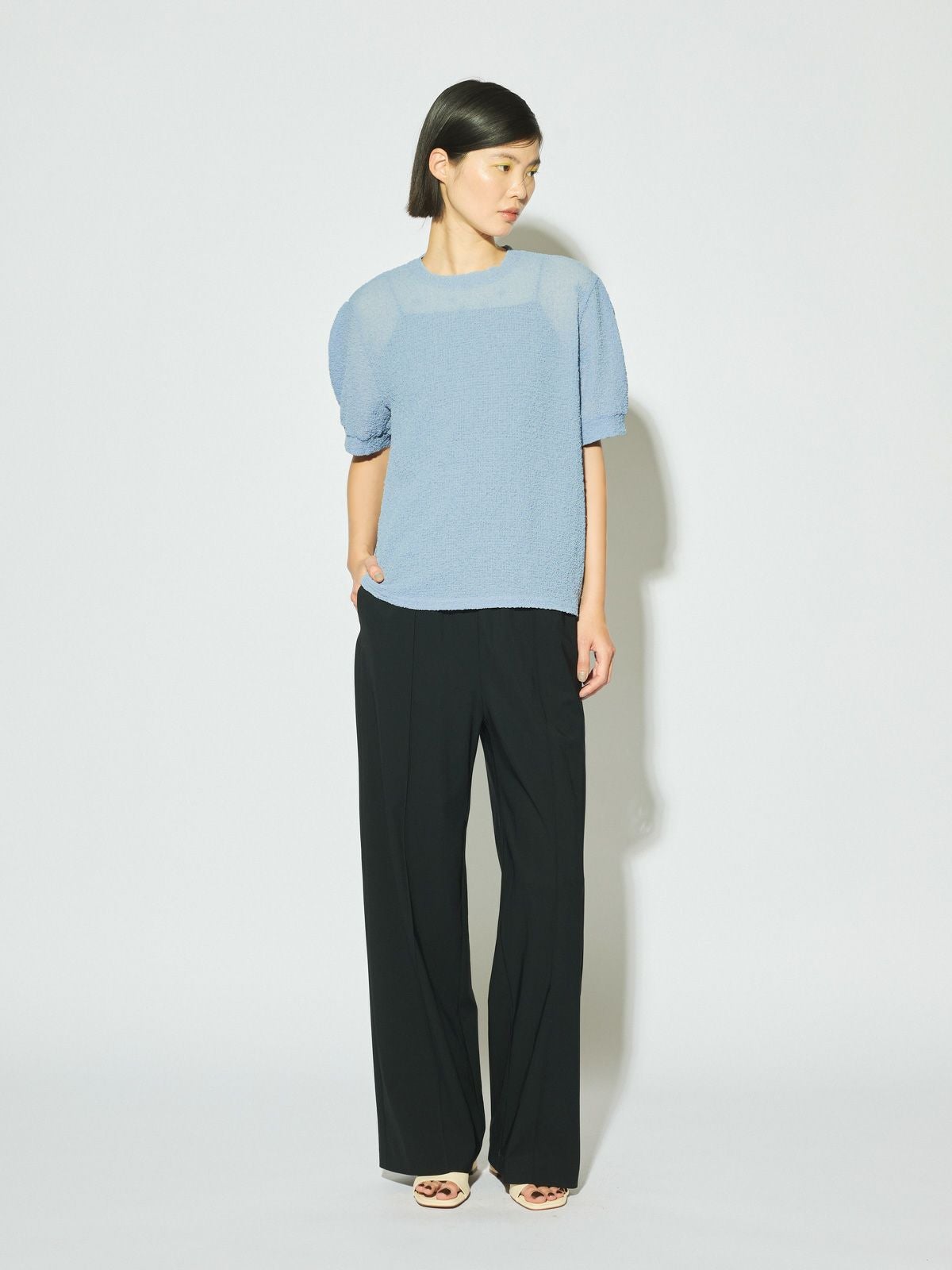 MIDIUMISOLID for Ladies シアークルーネックパフスリーブプルオーバー