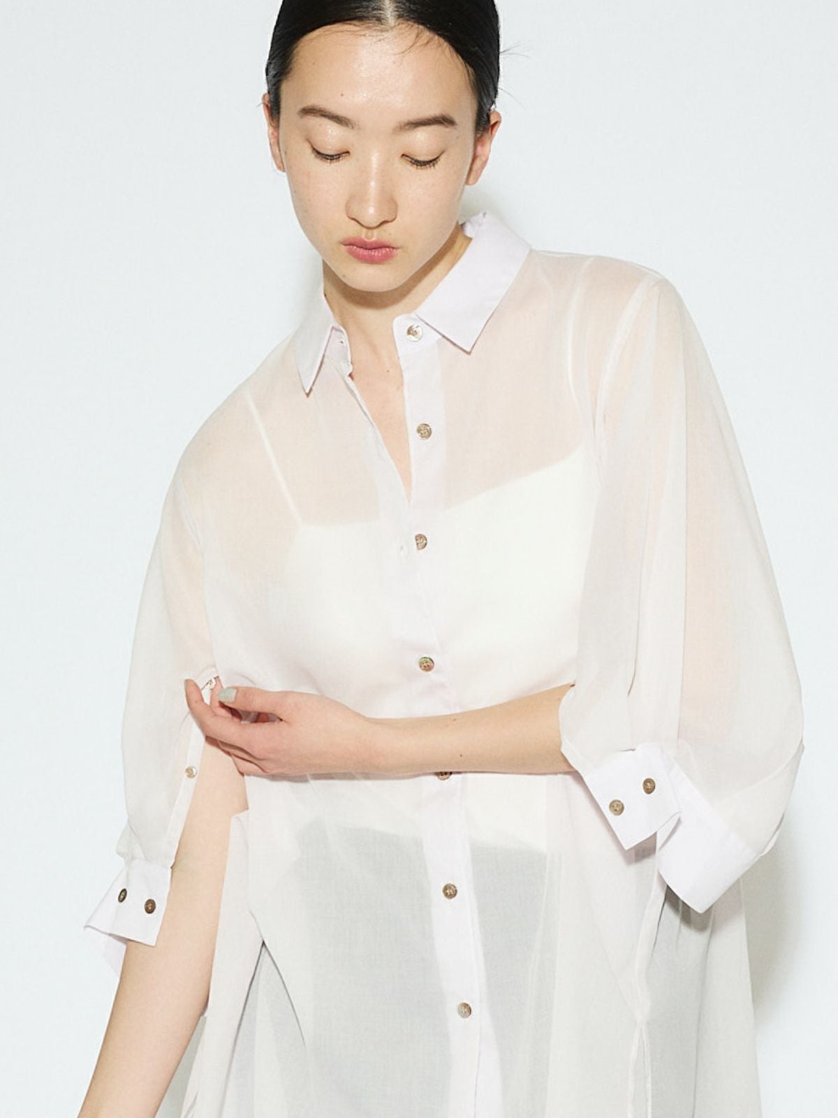 MIDIUMISOLID for Ladies シアースリットスリーブチュニックシャツ[A