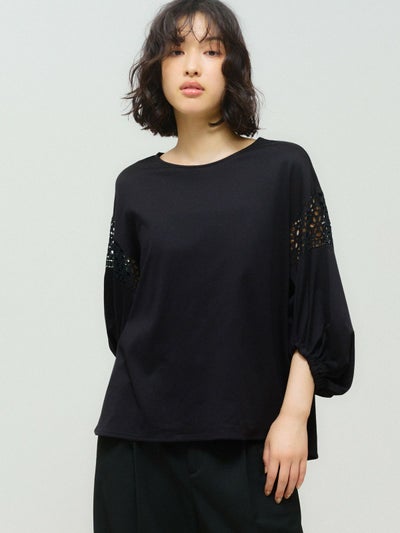 MIDIUMISOLID for Ladies レース切り替えパフスリーブプルオーバー 