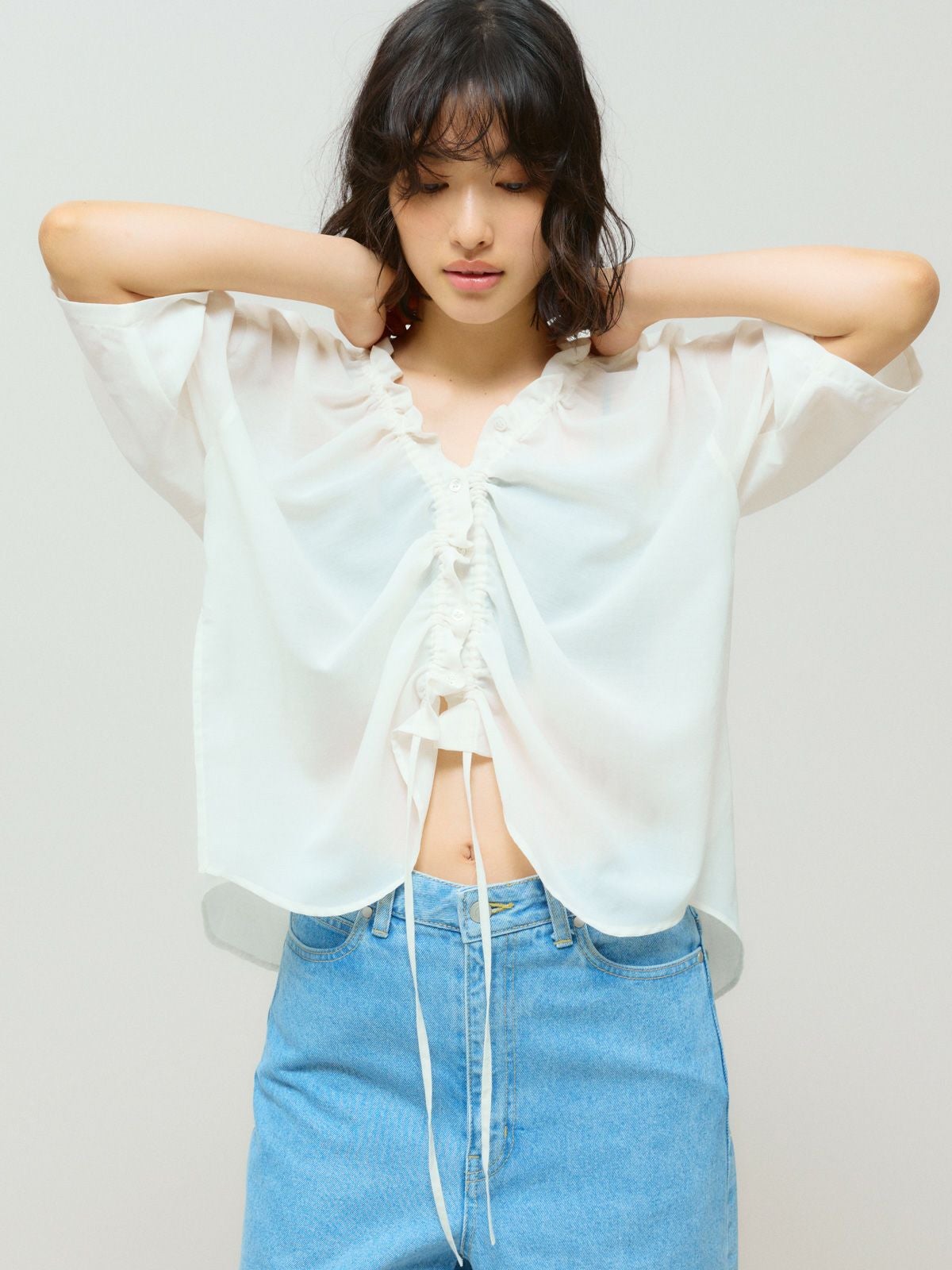 MIDIUMISOLID for Ladies ハーフスリーブドローストリングカーディガン
