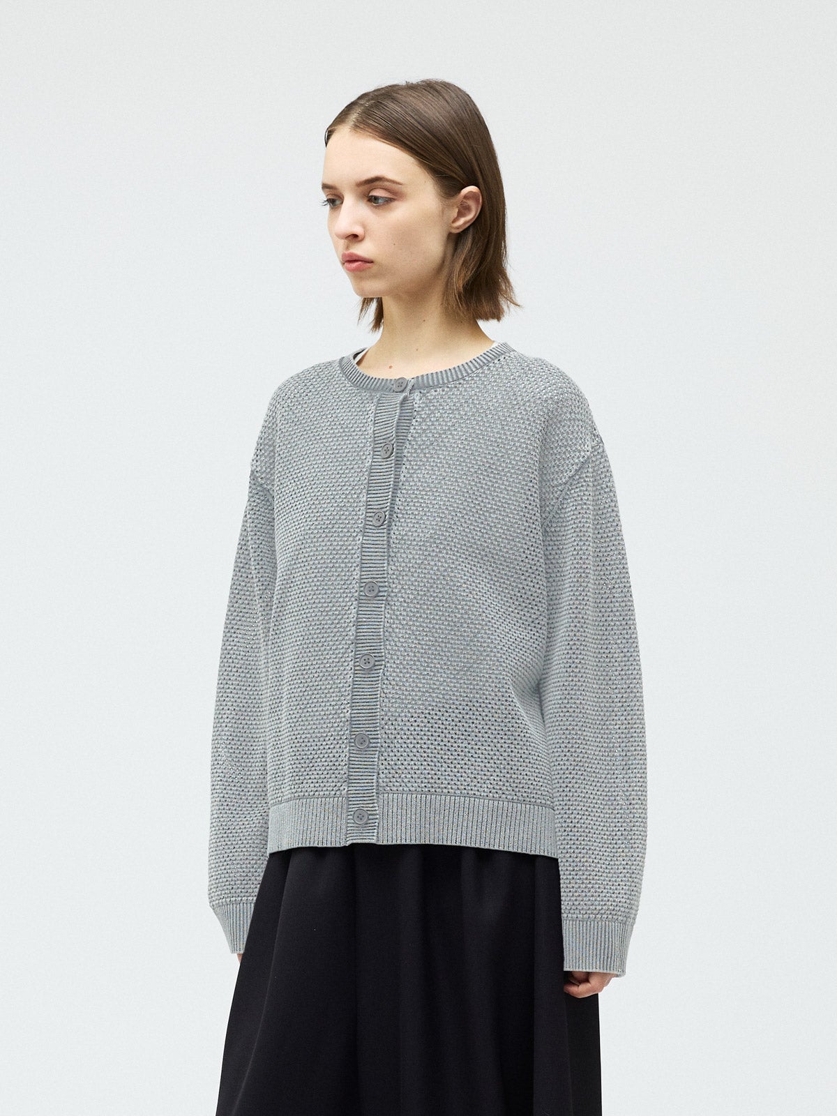 mizuiro ind ストーンウォッシュメッシュクルーネックカーディガン