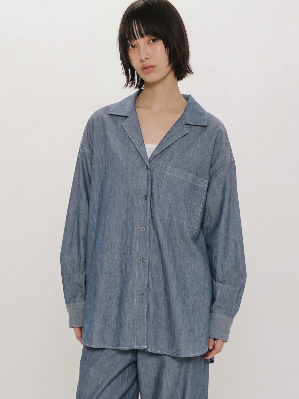 sheer denim open collar shirt(BLEACH)