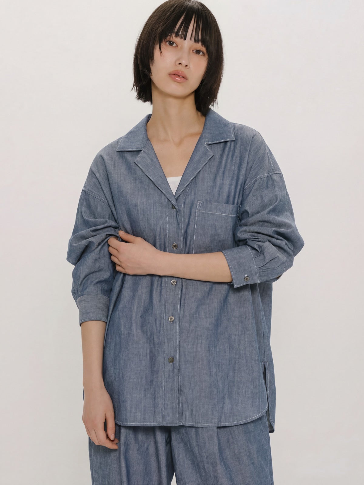 MIDIUMISOLID for Ladies シアーデニムオープンカラーシャツ(BLEACH