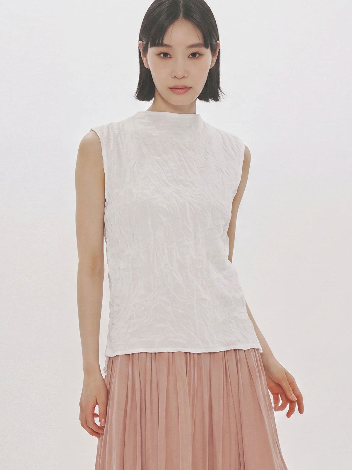 MIDIUMISOLID for Ladies ノースリーブアシンメトリープリーツシャツ