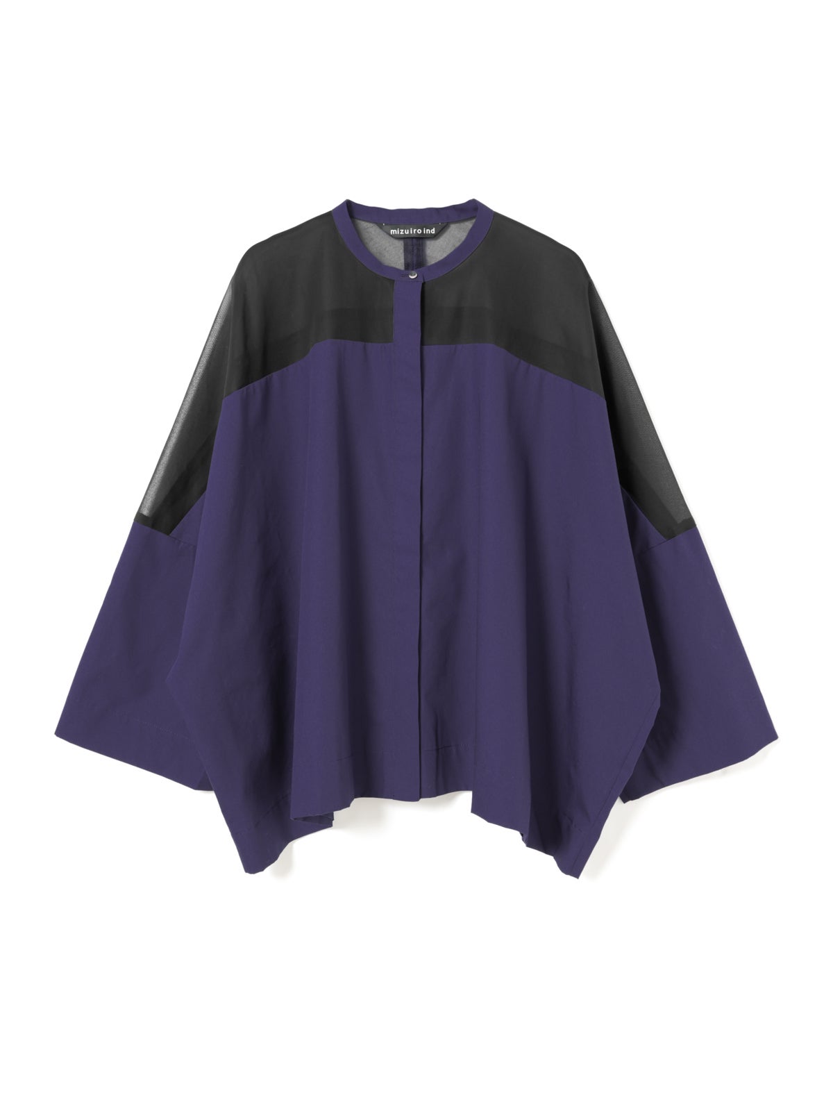 美品 mizuiro ind シアーショルダースタンドカラーワイドシャツ 濃紺 美品 mizuiro ind シアーショルダースタンドカラーワイドシャツ 濃紺