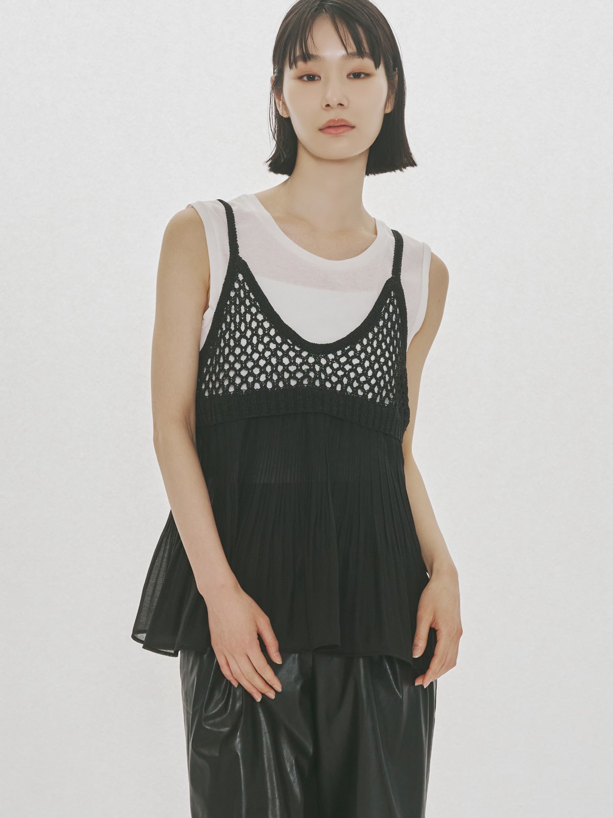 MIDIUMISOLID for Ladies メッシュニットプリーツキャミソール
