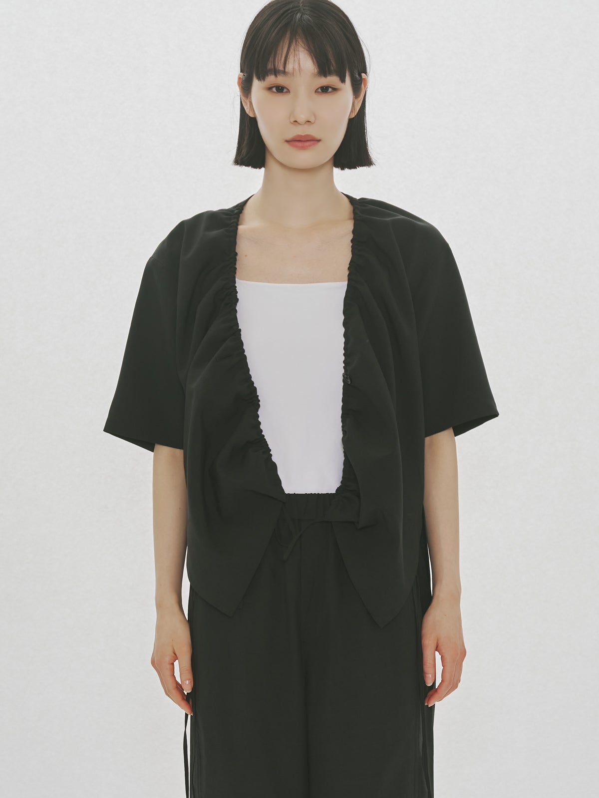 nanMIDIUMISOLID for Ladiesドローストリングシャツ MIDIUMISOLID for Ladies ノーカラードローストリングシャツ